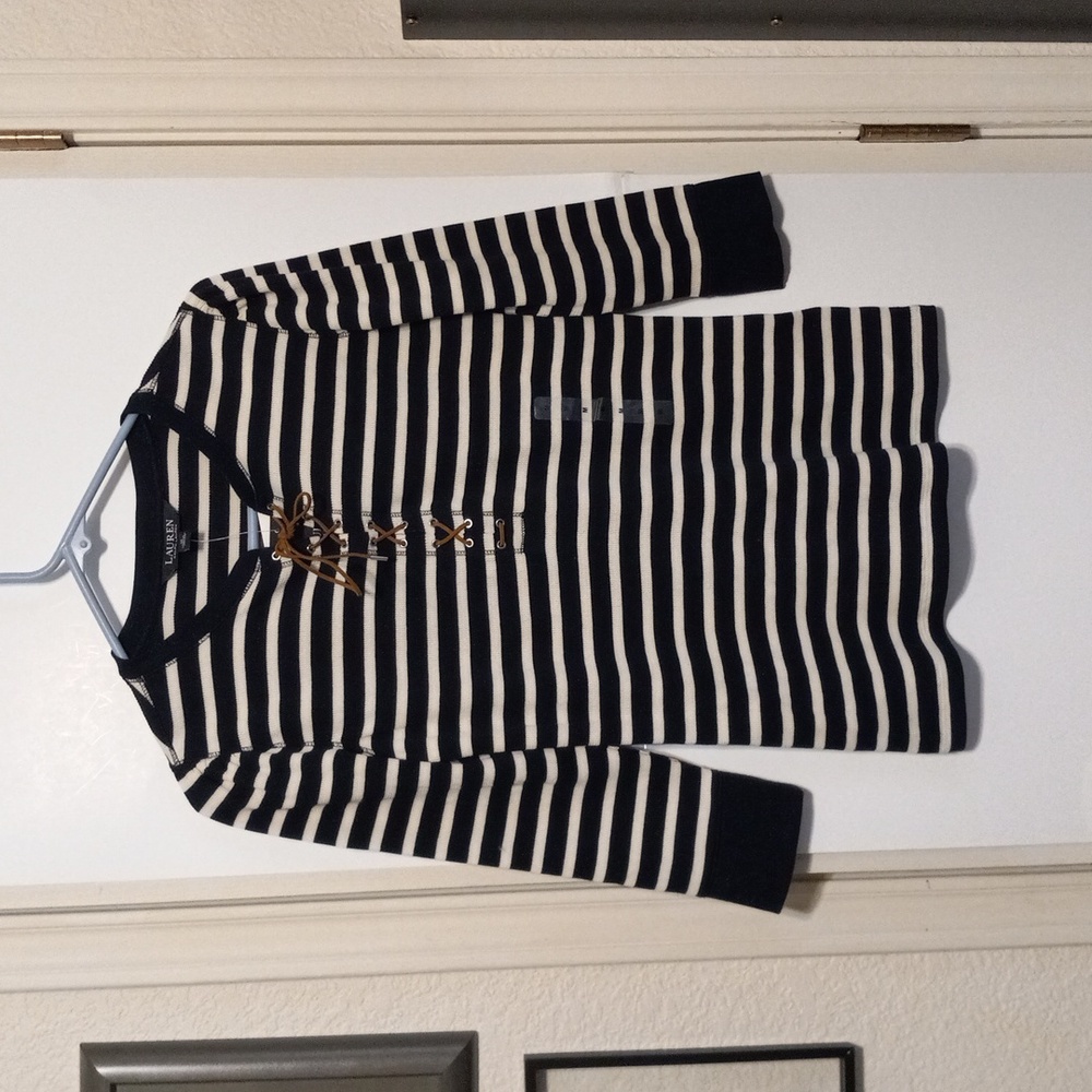 Ralph Lauren Striped Lace-up Waffle-Knit Top medium